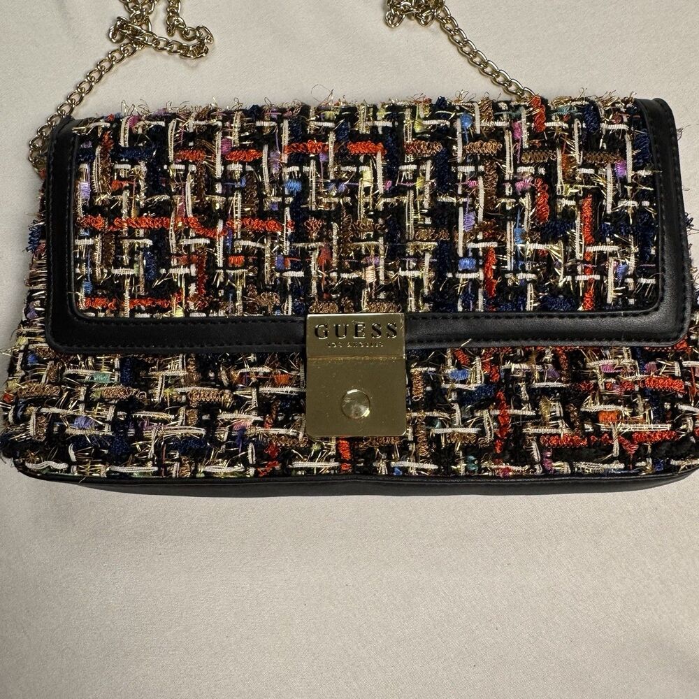 GUESS Tweed Chain Crossbody Bag Black Multi Flap Purse Gold Hardware Shoulder